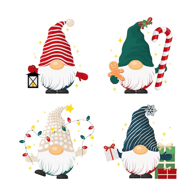 Vector set of cute cartoon gnomes with christmas stuff in flat design