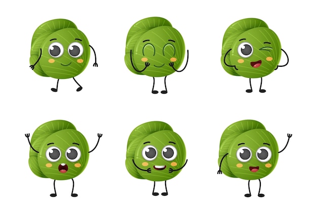 Set of cute cartoon green cabbage vegetables vector character set isolated on white background