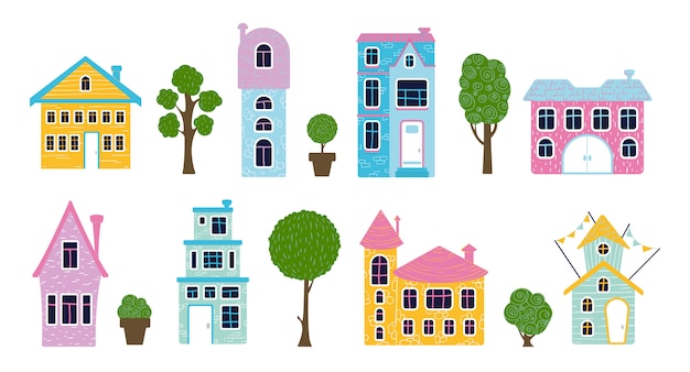 Set of cute cartoon houses and trees