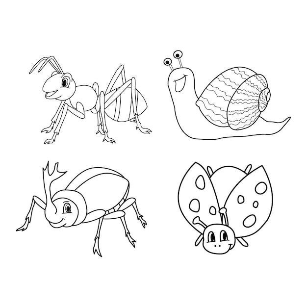 Vector set of cute cartoon insects for coloring pages