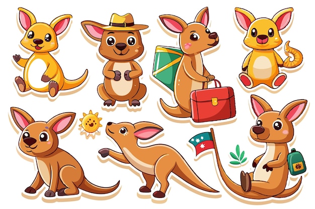 Vector set of cute cartoon kangaroos in various poses