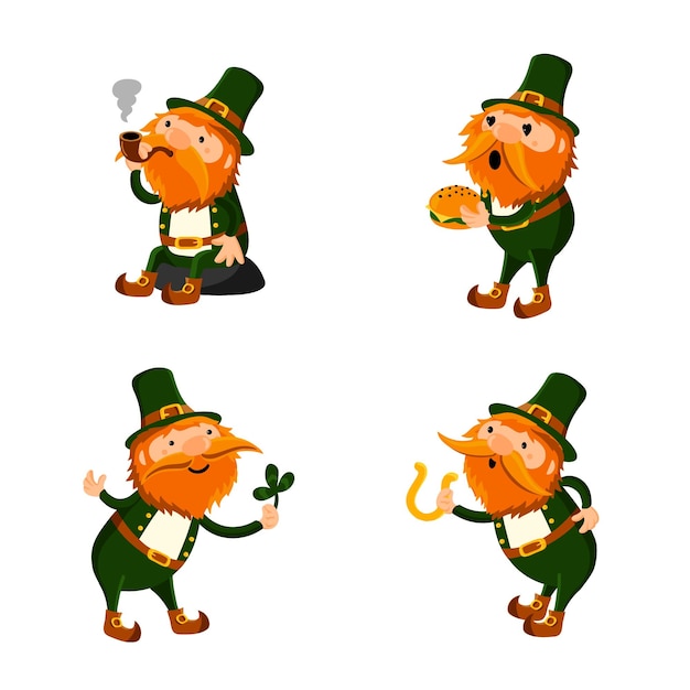 Set of cute cartoon leprechaun smoking eating burger holding clover and golden horseshoe