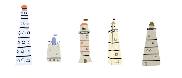 Set of cute cartoon lighthouses nautical vector illustrations of sea buildings