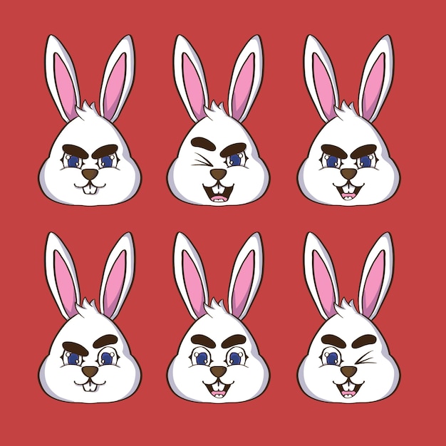 Vector set of cute cartoon mascot rabbit head