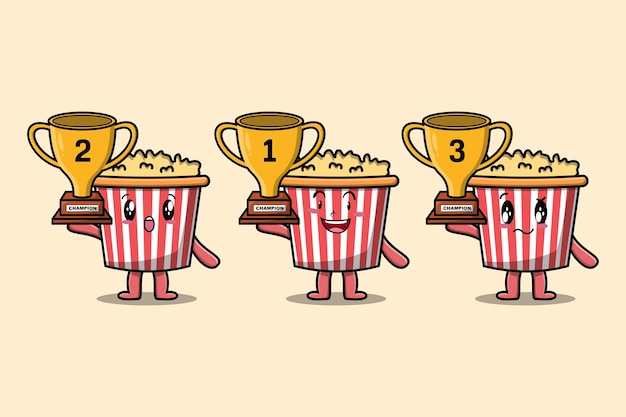 Set of cute cartoon Popcorn holding trophy with happy expression in 3d modern style design