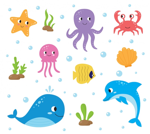 Set of cute cartoon sea animals. Underwater life.