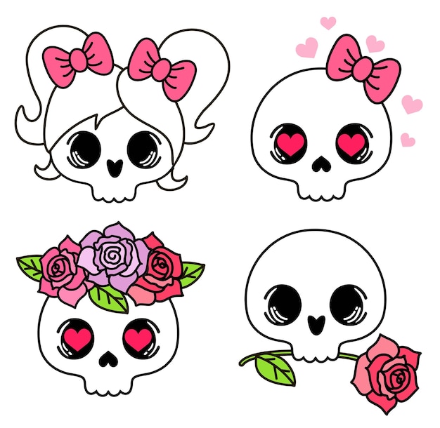 Set of Cute Cartoon skulls with flowers bow and hearts Sticker of tattoo in traditional style