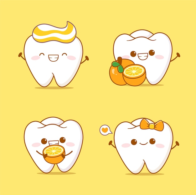 Set of Cute cartoon tooth character with orange fruit baby teeth health