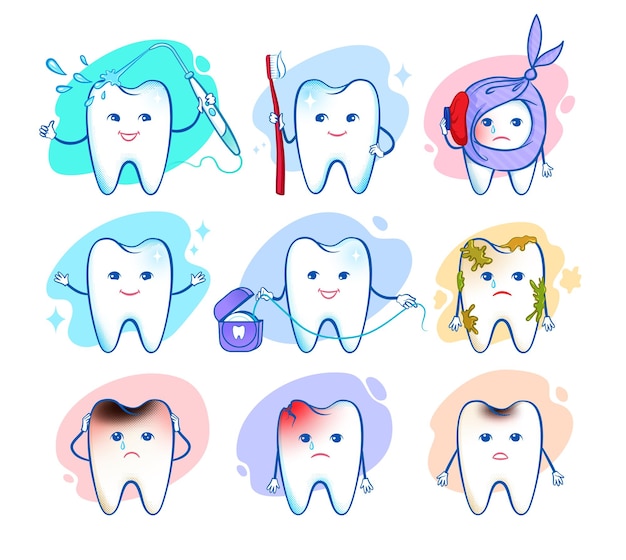 Set of cute cartoon tooth characters