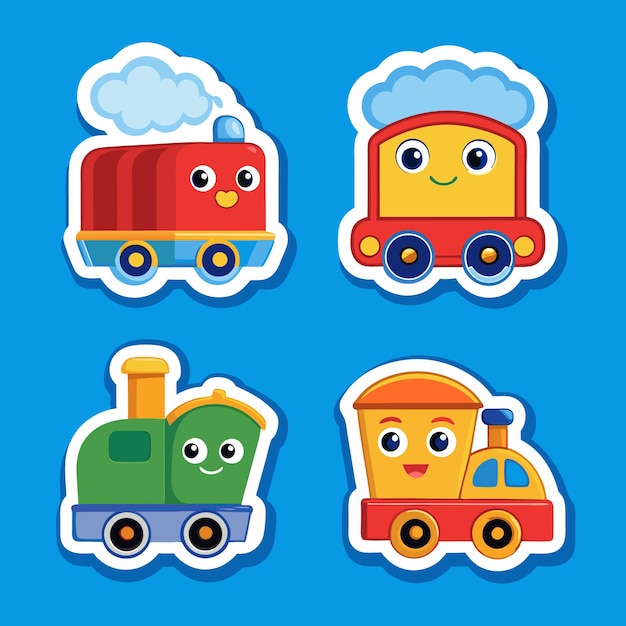 Set of cute cartoon train stickers with different color and design on blue background