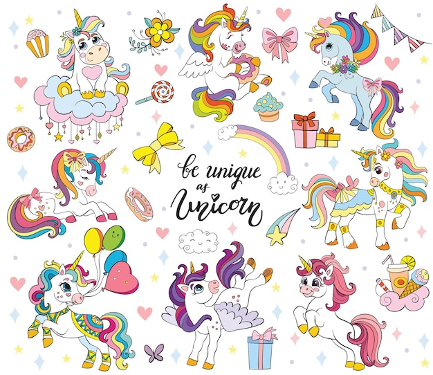 Set of cute cartoon unicorn vector illustration