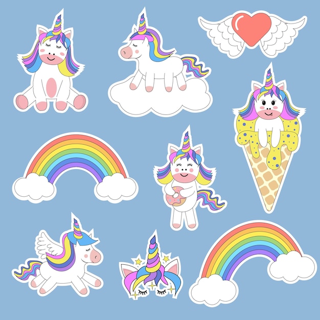 Set of Cute Cartoon Unicorns. Modern patch badges, stickers. Funny animals for birthday.