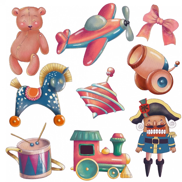 Set of cute cartoon vintage toys