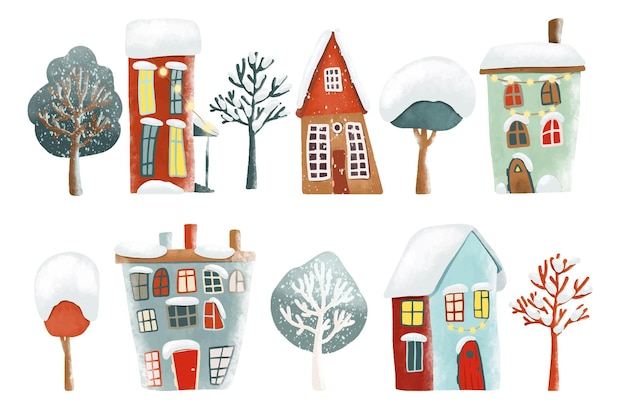 Set of cute cartoon winter houses and trees illustration