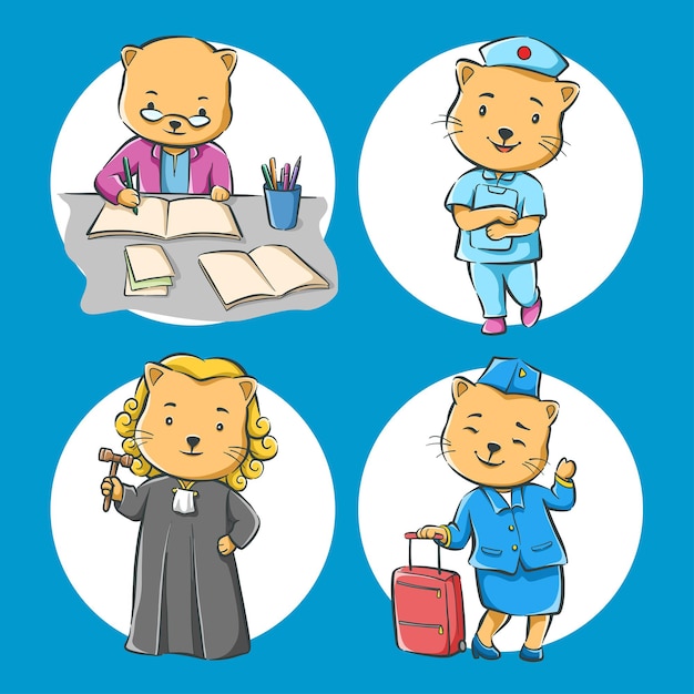 Set of cute cat cartoon with profession