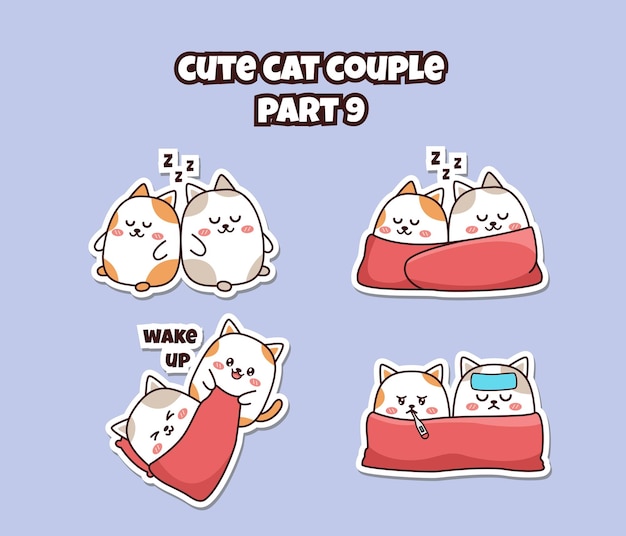 Set of cute cat couple emoji sleep sick and wake up emoticon flat character design