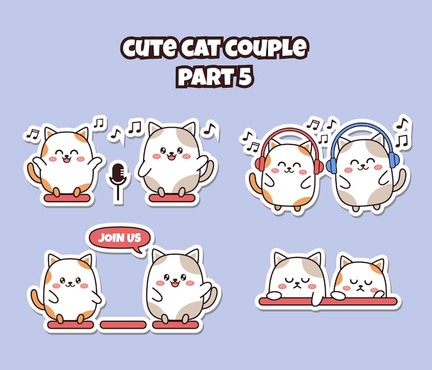 Set of cute cat couple singing with headphone and microphone join us feel boring or sad flat design