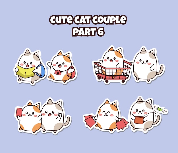 Set of cute cat couple sticker emoji traveling shopping selfie no money emoticon flat design