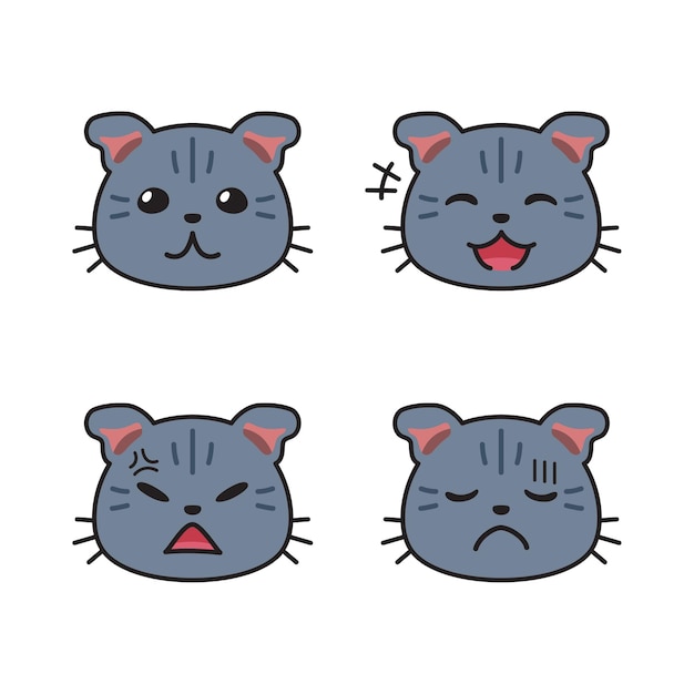 Set of cute cat faces showing different emotions for design.