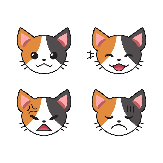 Set of cute cat faces showing different emotions