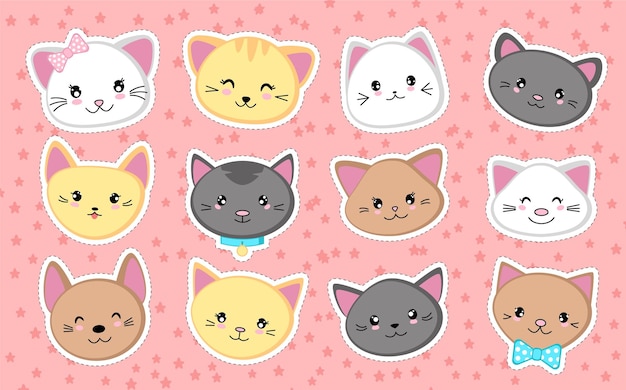 Set of cute cat heads Collection of kawaii stickers