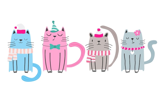 Set of cute cat sitting. vector illustration