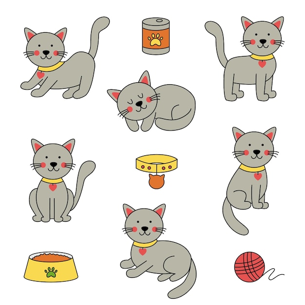 Set of cute cats and accessories in cartoon style on white background