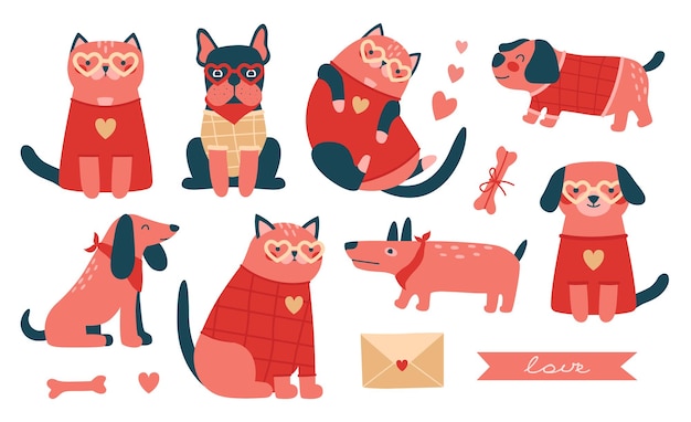 Set of cute cats and dogs with hearts in flat romantic style. Kawaii cliparts for Valentine's card.