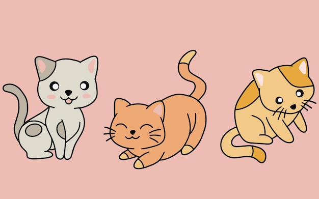 Set of Cute Cats Kitty Cartoon Animal Pet Character Happy collection illustration