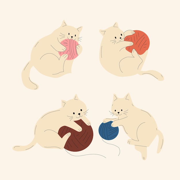 Set of cute cats with Knitting and balls of yarn. Vector