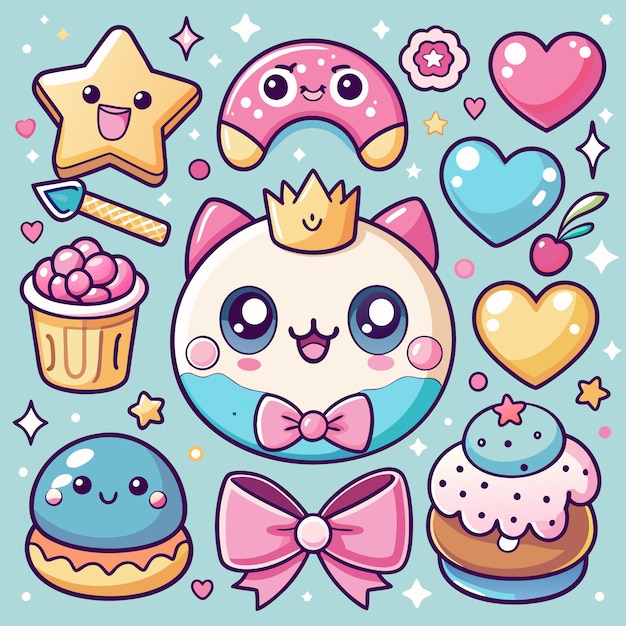 Set of cute charming elements in kawaii style