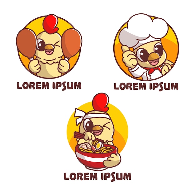 SET OF CUTE CHICKEN MASCOT LOGO CHEF RAMEN CARTOON