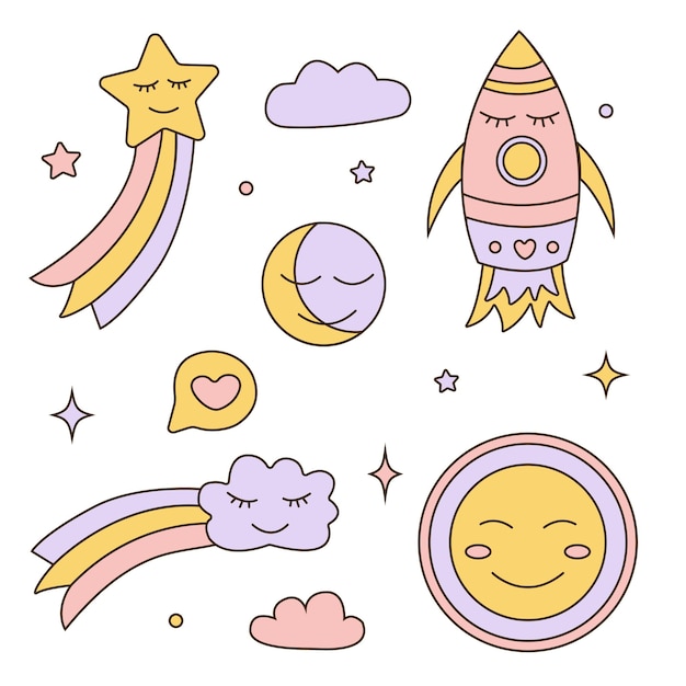 Set of cute childish cartoon night sky cosmos elements in pastel tones on white background