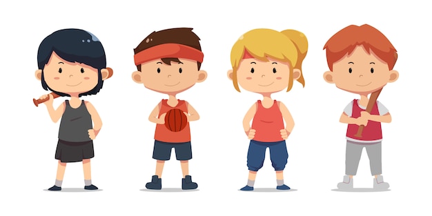 Set of cute children with sporty elements