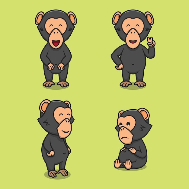 Set of cute chimpanzee cartoon flat illustrations