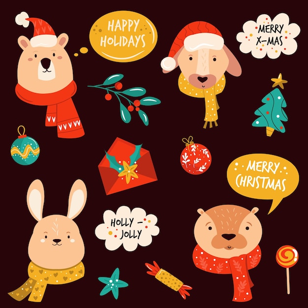 Set of cute Christmas animals rabbit, otter, bear in winter clothing and greeting text.