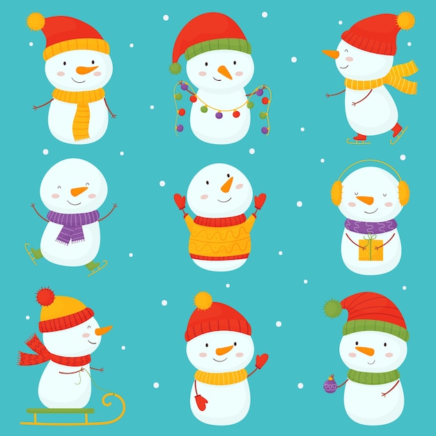 Set of cute Christmas  snowmen in different costumes on a blue background.