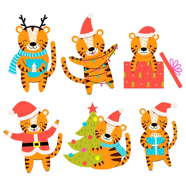 Set of cute Christmas tigers The symbol of the year 2022 Vector illustration