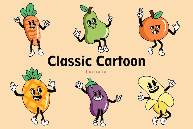 Set of Cute Classic Vintage Cartoon Comic emotion Happy with face expression hand and foot doodle character