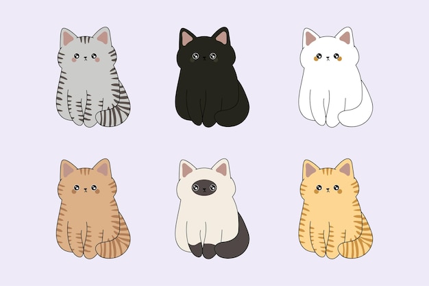 Set of Cute Clip Art Cat Illustration. A collection of six kittens of different colors.