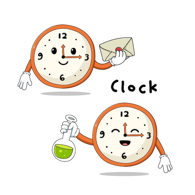 Set of cute clock cartoon mascot characters