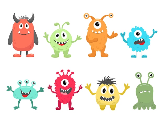 Set of cute colored monsters isolated on white background Character design for kids