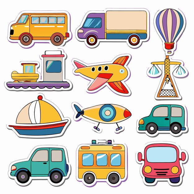 Vector set of cute colorful cartoon vehicles stickers