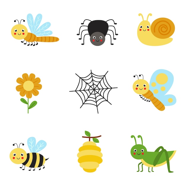 Set of cute colorful insects on white background.