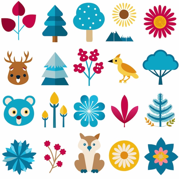 Set of cute and colorful nature icons including trees flowers animals and the sun