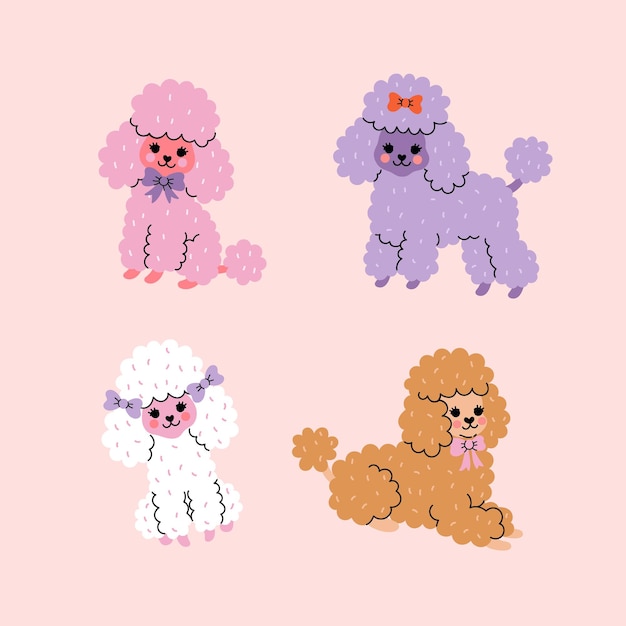 Vector set of cute colorful poodle dogs