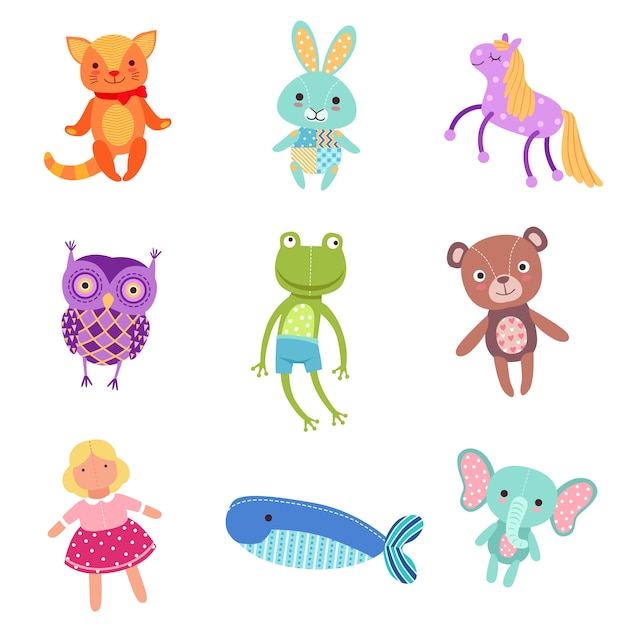 Set of cute colorful soft plush animal toys  Illustrations