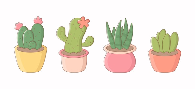 Set of cute colourful cacti house plants in cartoon style