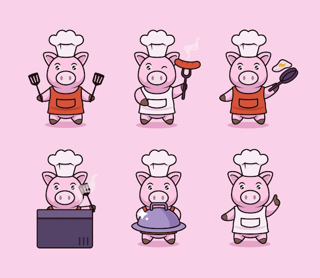 Set of cute cooking pig mascot design