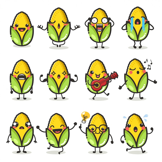 Set of cute corn character in different action emotion